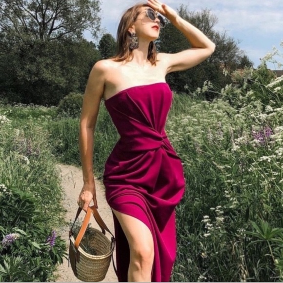 Zara Dresses & Skirts - Zara Burgundy Strapless Midi Dress Draped Knot Detail sz XS Purple NWT